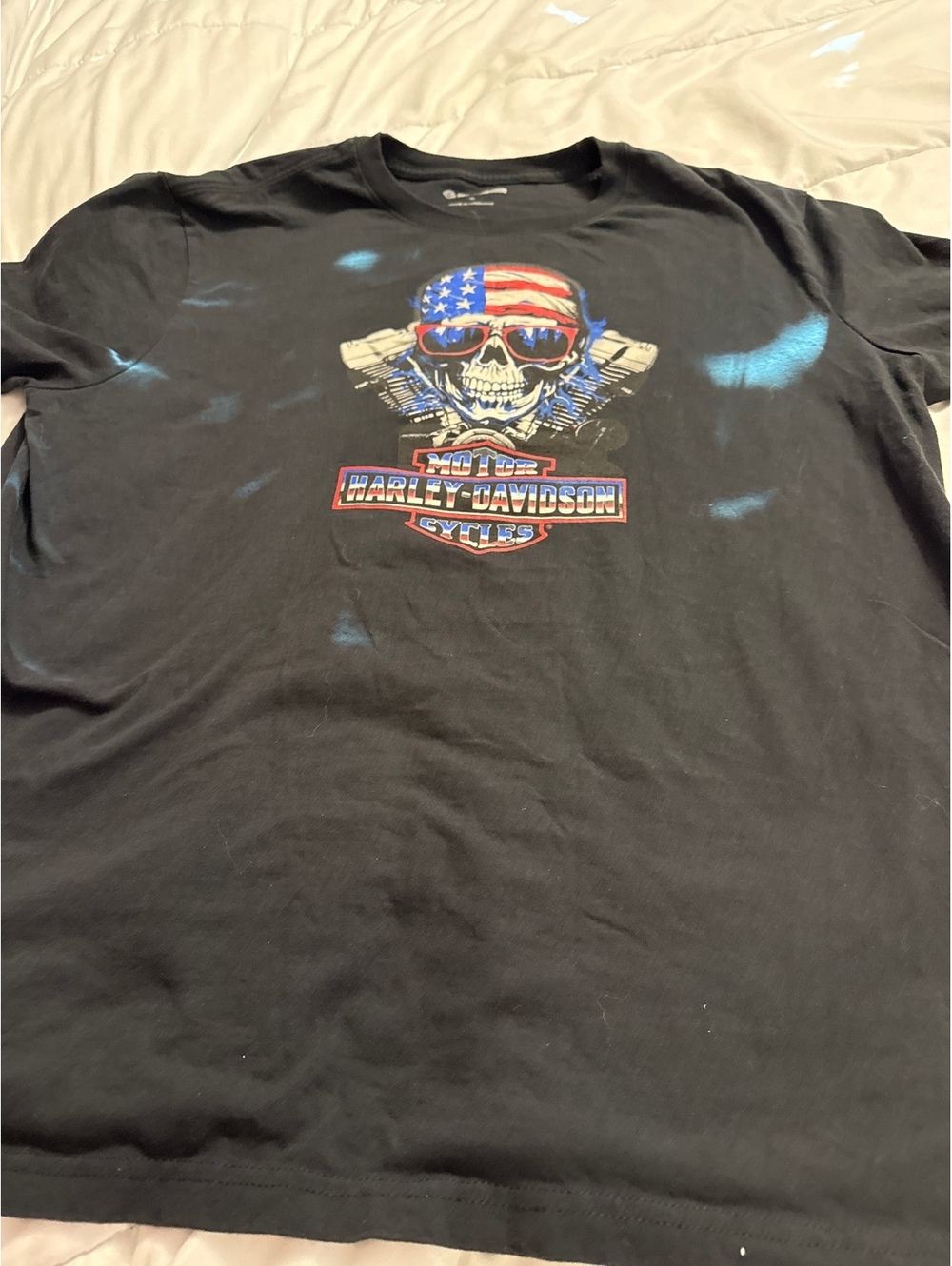 Harley-Davidson XL Black Graphic T-Shirt with American Flag Skull Design